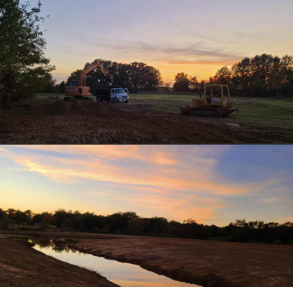 Excavator, dump truck, and dozer on a pad site at sunset